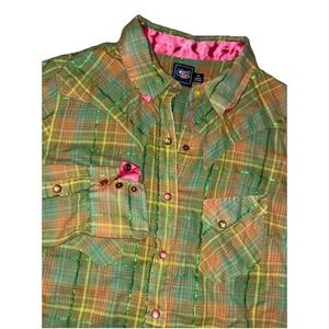 Cruel‎ Girl Shirt Women's M Green Shimmer Pink Satin Snap Cowgirl Western Y2K